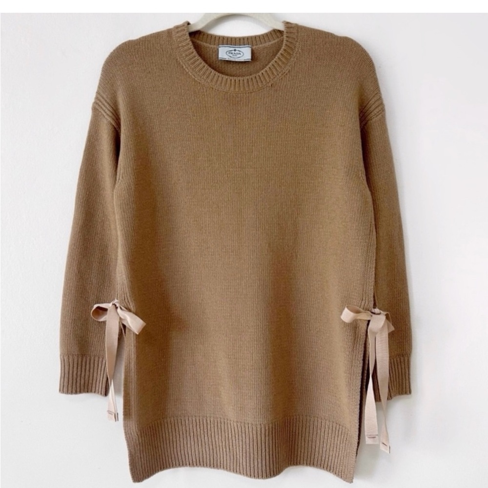 Authentic Prada Crewneck Sweater with Side Slit Bow Ribbons Tan Neutral